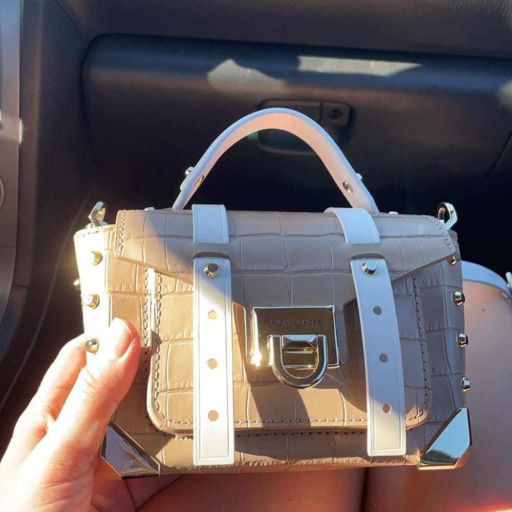 MK Bicolor Leather Crossbody Tan Gold Mini Rigid Purse